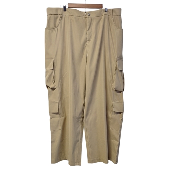 Pants - Women's 4XL Khaki Cargo Pants Elastic Waist Polyester Utility Pockets Brown